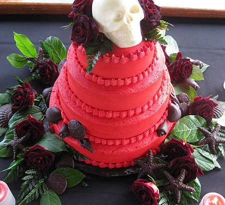red cake with skull on it
