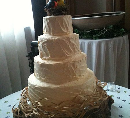 wedding cake on log with birds